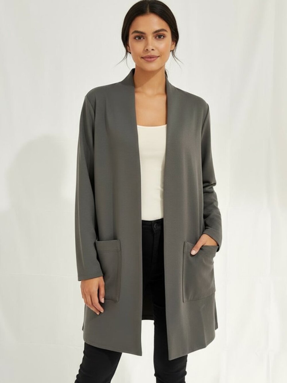 Eileen Fisher NWT Stretch Crepe Longline Open Front Jacket Cardigan Duster M